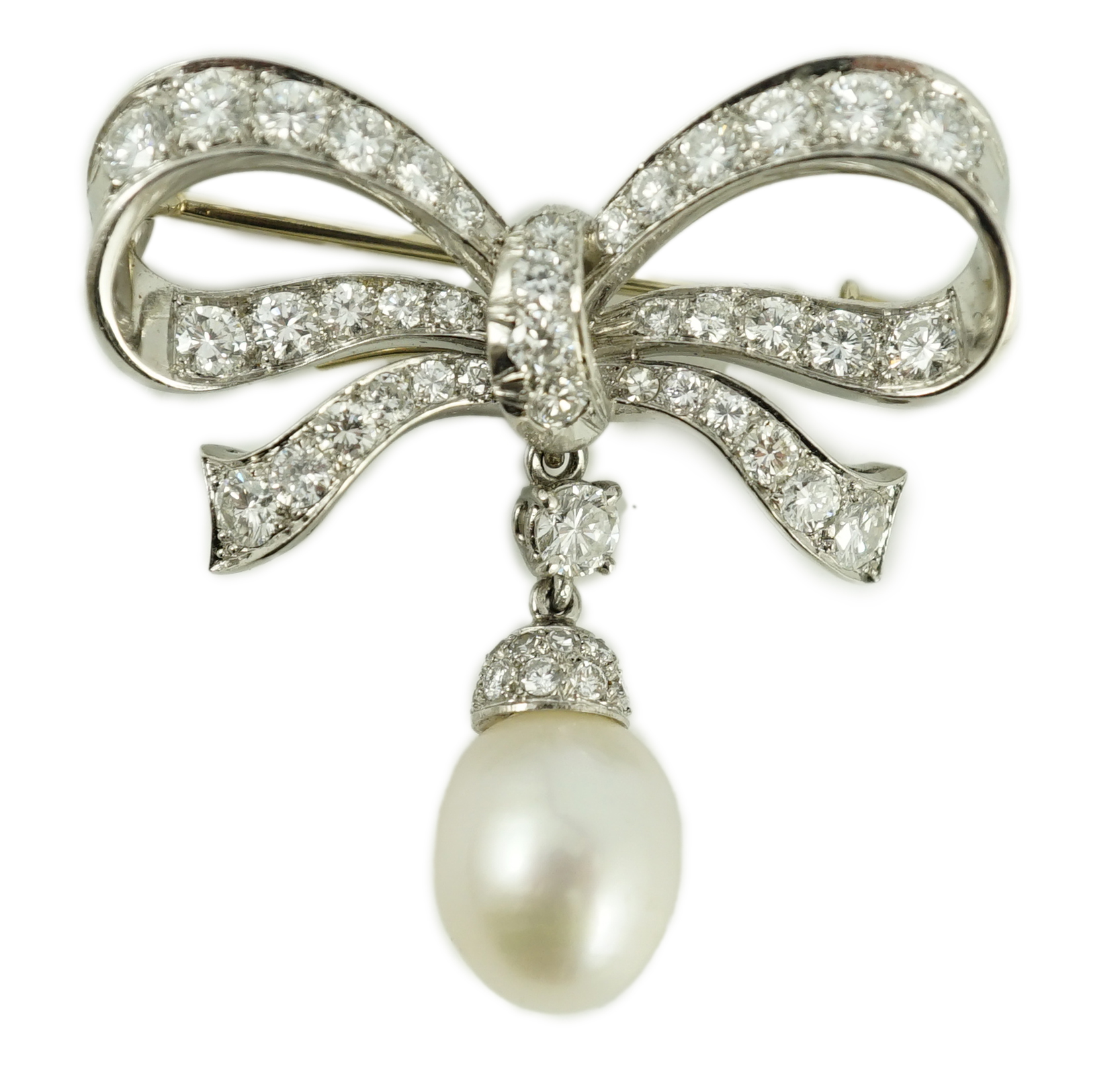 A late 20th century white gold, diamond cluster and single cultured pearl drop set ribbon bow brooch